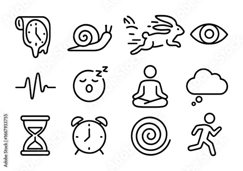 Subjective Time Icons. Outline icon set of subjective time flow: melting clock, slow snail, fast rabbit, eye,