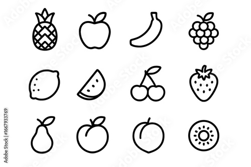 Fruit outline icon set. Simple minimalist line art symbols for healthy eating. Vector pictograms of apple, banana, strawberry. Healthy food, organic, vegan nutrition concept.
