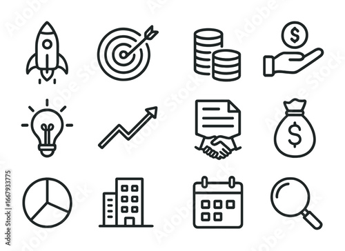 Startup Investment Icons. Outline icon set of startup investments: rocket launch, target board, coins stack,