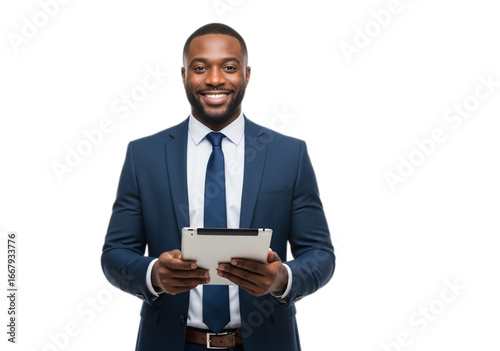Photo of confident african american businessman holding tablet isolated on transparent background