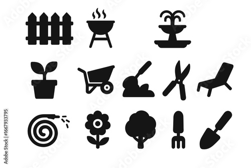 Garden and outdoor activity solid glyph icon set. Vector symbols of gardening tools, plants, and backyard leisure. Includes fence, bbq, fountain, wheelbarrow, and shovel.