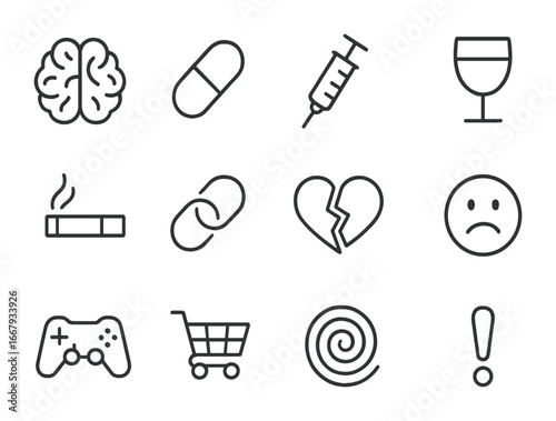 Addiction Icon Set. Outline icon set of addiction and dopamine: brain, dopamine pill, syringe, wine glass,