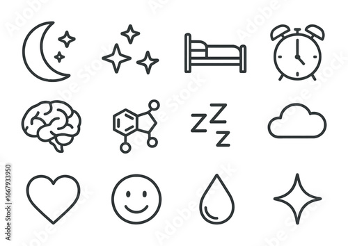 Sleep and Dopamine Icons. Outline icon set of sleep and dopamine cycle: moon, stars, bed, alarm clock, brain,