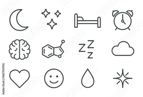 Sleep and Dopamine Icons. Outline icon set of sleep and dopamine cycle: moon, stars, bed, alarm clock, brain,