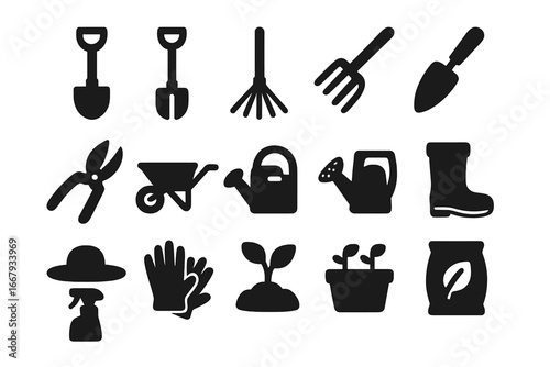 Gardening tools icon set. Solid glyph symbols collection. Garden equipment, supplies for agriculture, planting. Vector illustration of shovel, rake, pot, plant, boots, gloves.