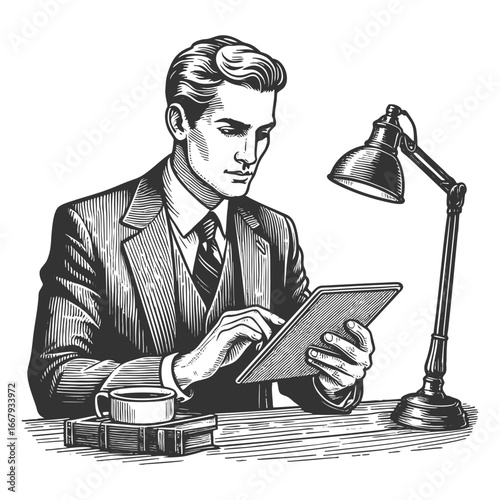 bearded businessman in a suit and glasses working on a digital tablet device sketch engraving generative ai fictional character vector illustration. Scratch board imitation. Black and white image.