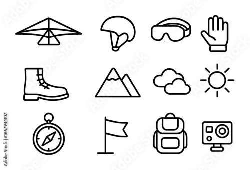 Hang Gliding Icons. Outline icon set of hang gliding: glider, helmet, goggles, gloves, boots, mountain, clouds