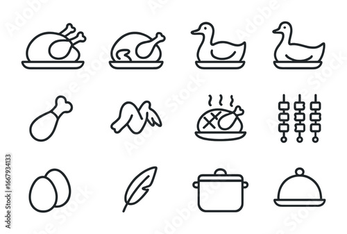 Poultry Dish Icons. Outline icon set of poultry dishes: roast turkey, chicken, duck, goose, drumstick, wings,