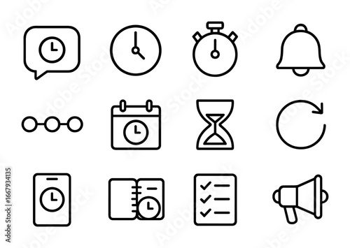 Communication Timing Icons. Outline icon set of timing in communication: chat bubble, clock, stopwatch, bell,