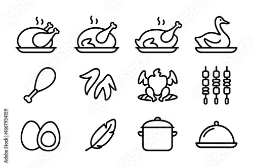 Poultry Dish Icons. Outline icon set of poultry dishes: roast turkey, chicken, duck, goose, drumstick, wings,