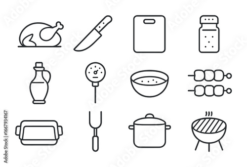 Meat Preparation Icons. Outline icon set of meat preparation: turkey, knife, cutting board, spices, oil bottle