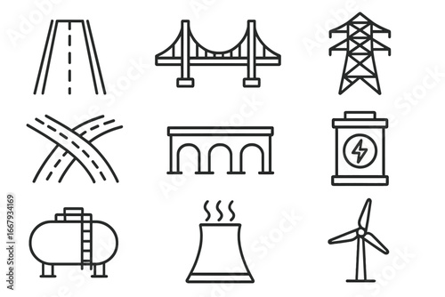 Infrastructure and energy line icon set. Road, bridge, power line, wind turbine, nuclear plant icons. Concepts for transport, electricity, industry, and renewable energy.