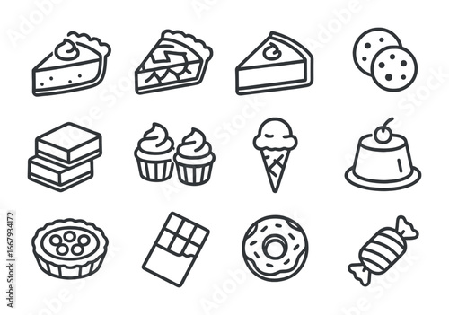 Festive Dessert Icons. Outline icon set of festive desserts: pumpkin pie, apple pie, cheesecake, cookies,