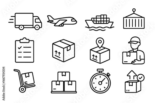 Logistics and shipping line icon set. Transportation and delivery outline icons. Vector symbols for cargo, freight, parcel tracking, courier, e-commerce and supply chain.
