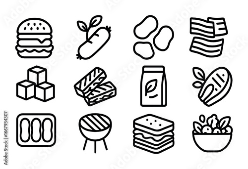 Meat Alternative Icons. Outline icon set of meat alternatives: veggie burger, plant-based sausage, vegan