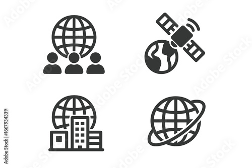 Global communication solid icon set. Worldwide business network, satellite connection, internet technology concept. International company, global team, and city glyph icons.
