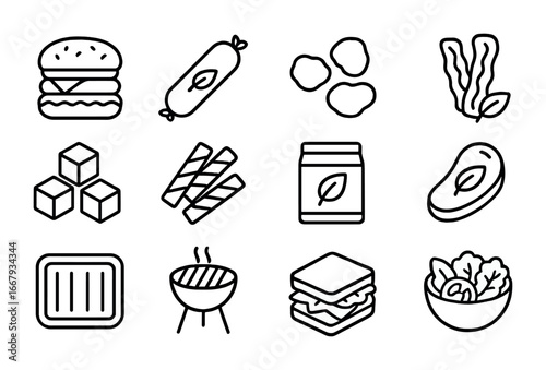 Meat Alternative Icons. Outline icon set of meat alternatives: veggie burger, plant-based sausage, vegan