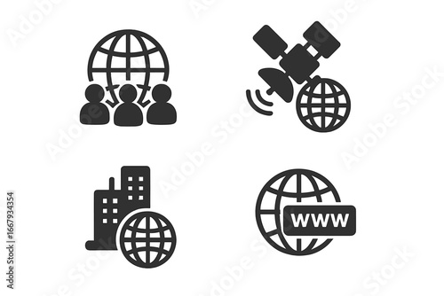 Global communication solid icon set. Worldwide network, satellite transmission, international business, and internet www symbol. Vector glyph pictograms for web and mobile apps.
