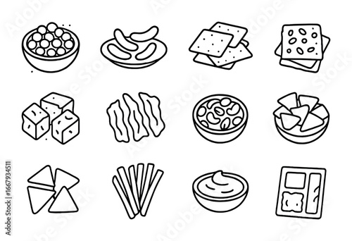 Savory Snack Icons. Outline icon set of savory protein snacks: roasted chickpeas, pea puffs, lentil chips,