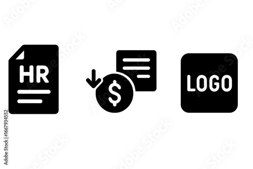 Business icon set with HR document, cost reduction symbol, and company logo. Vector for human resources, budget cuts, financial management, corporate branding, and salary decrease.