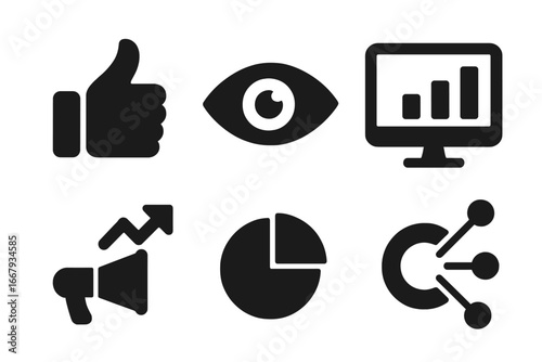 Solid icon set for analytics and marketing strategy. Icons for social media metrics: likes, views, reach, engagement. Business data visualization symbols. Vector illustration.