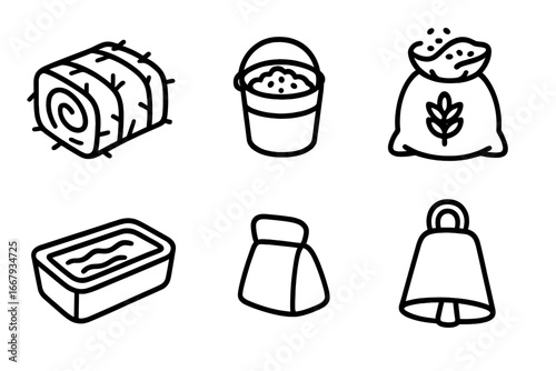 Farm animal feeding line icon set. Vector outline illustration of barnyard equipment. Includes hay bale, feed bucket, grain sack, water trough, salt lick and cowbell.