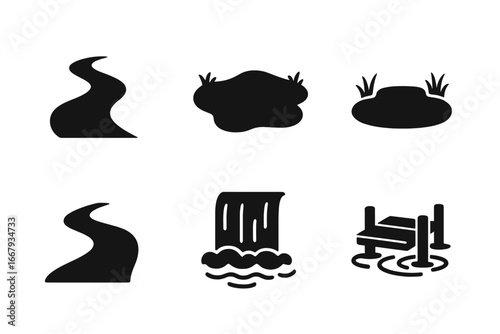 Water features solid icon set. Black glyph symbols of river, stream, lake, pond, waterfall, and dock. Vector silhouette illustration for nature and landscape graphic design.