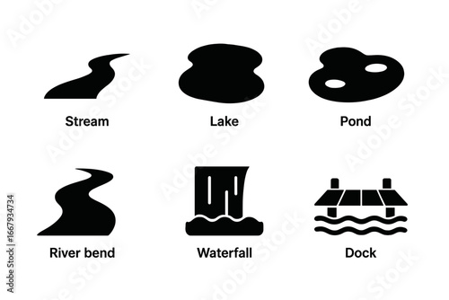 Water features solid glyph icon set. Stream, lake, pond, river bend, waterfall, and dock symbols. Black silhouette pictogram collection for nature or landscape concepts.
