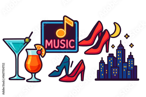 Nightlife elements vector icon set. City party cartoon illustration. Cocktails, music neon sign, high heels shoes, and night cityscape. Bar, club, and entertainment concept.