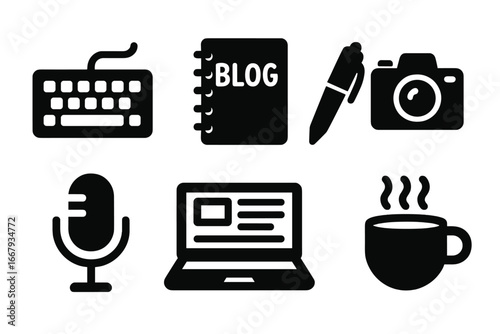 Blogging and content creation solid icon set. Vector pictograms for writer, journalist, vlogger or podcaster. Keyboard, notebook, camera, microphone, laptop and coffee cup.