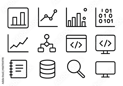 Research Data Icons. Outline icon set of research data analysis: chart, graph, histogram, scatter plot, line