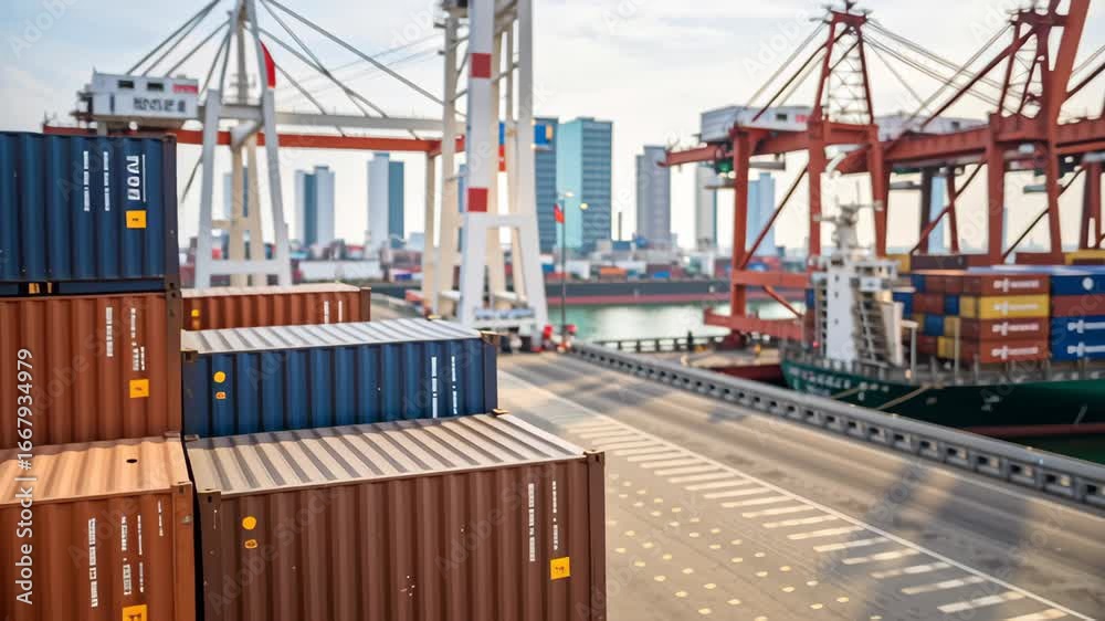 Shipping container import tariff policy impacts global cargo flow with port cranes operating in busy harbor and cargo ship docked
