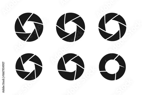 Camera aperture silhouette icon set. Photography shutter speed flat collection. Vector illustration. Lens diaphragm, focus, exposure, f-stop symbol. Photo equipment graphic.