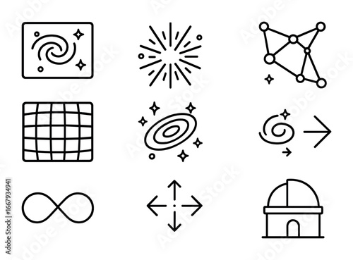 Cosmology Icon Set. Outline icon set of cosmology: universe map, big bang symbol, cosmic web, dark matter grid