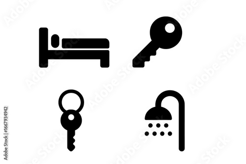 Hotel and hospitality solid glyph icon set. Bed for sleep, room key for access, and shower for bathroom symbols. Vector collection for travel, accommodation, and service.