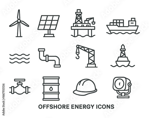 Offshore Energy Icons. Outline icon set of offshore energy: wind turbine, solar panel, oil rig, cargo ship,