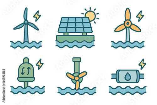 Renewable energy icons illustrating diverse sustainable marine energy technologies in flat design, including wind turbines, solar panels, tidal and wave power, and marine energy generation concepts