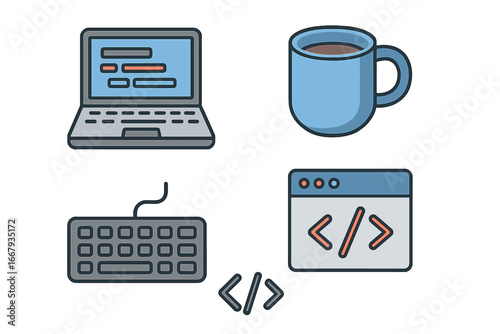 Coding icon set. Programmer and developer tools. Flat vector illustration for web and software development. Laptop, coffee, keyboard, code editor symbols for UI design.