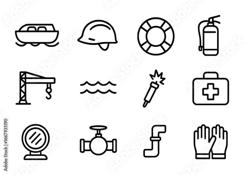 Offshore Safety Icons. Outline icon set of offshore safety measures: lifeboat, helmet, safety buoy, fire