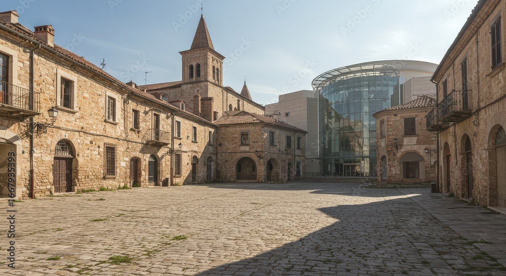 Fototapeta premium Photo of a wide angle shot of a european town square with old buildings and a modern glass building in the background