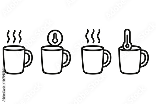 Coffee mug icon set. Hot drink cup with steam and temperature indicator. Outline vector illustration of tea, coffee heat level. Thermometer symbol for beverage temperature.