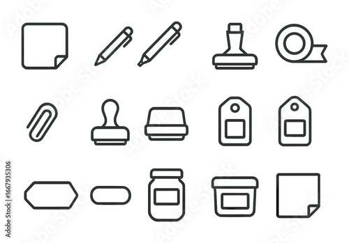 DIY Labeling Icons. Outline icon set of DIY labeling: sticker, pen, marker, masking tape, clip, stamp, ink pad