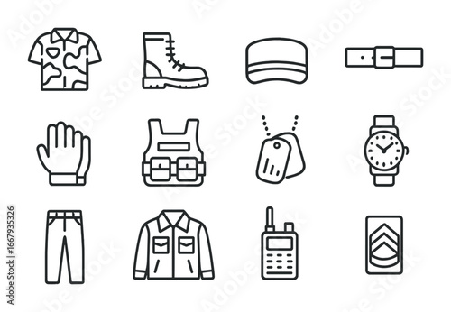 Military Fashion Icons. Outline icon set of fashion for military personnel: camouflage uniform, boots, hat,
