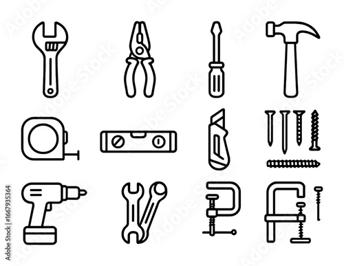 DIY Tools Icons. Outline icon set of DIY repair tools: adjustable wrench, pliers, screwdriver, hammer, tape