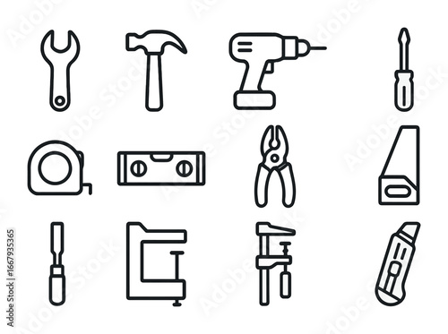 Home Tool Icons. Outline icon set of home improvement tools: wrench, hammer, drill, screwdriver, tape measure,