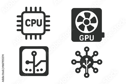 Computer hardware solid icon set. CPU, GPU, circuit board, and network hub glyphs. Microchip processor and graphics card symbols for technology and electronics projects. Vector.