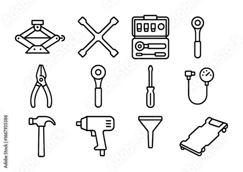 Automotive Tool Icons. Outline icon set of automotive tools: jack, lug wrench, socket set, torque wrench,