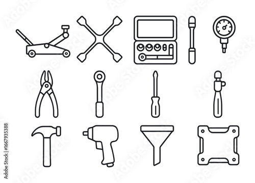 Automotive Tool Icons. Outline icon set of automotive tools: jack, lug wrench, socket set, torque wrench,