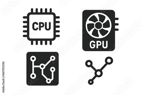 Computer hardware solid icon set. CPU processor, GPU video card, and circuit board symbols. Microchip, motherboard, and electronics component pictogram for tech projects.