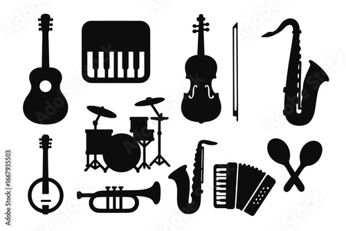 Music instruments silhouette icon set. Vector graphic collection of guitar, piano, violin, drums, saxophone, trumpet, banjo. Band, orchestra, jazz, folk concert elements.